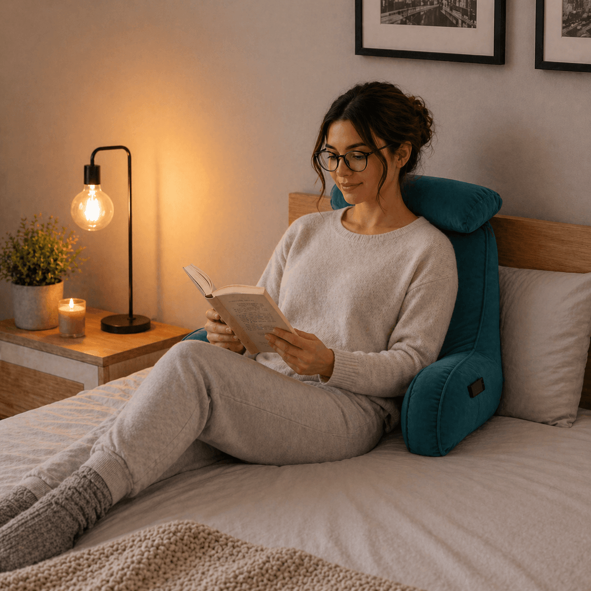 Une femme utilise le Coussin de Lecture Ergonomique Bleu Canard 