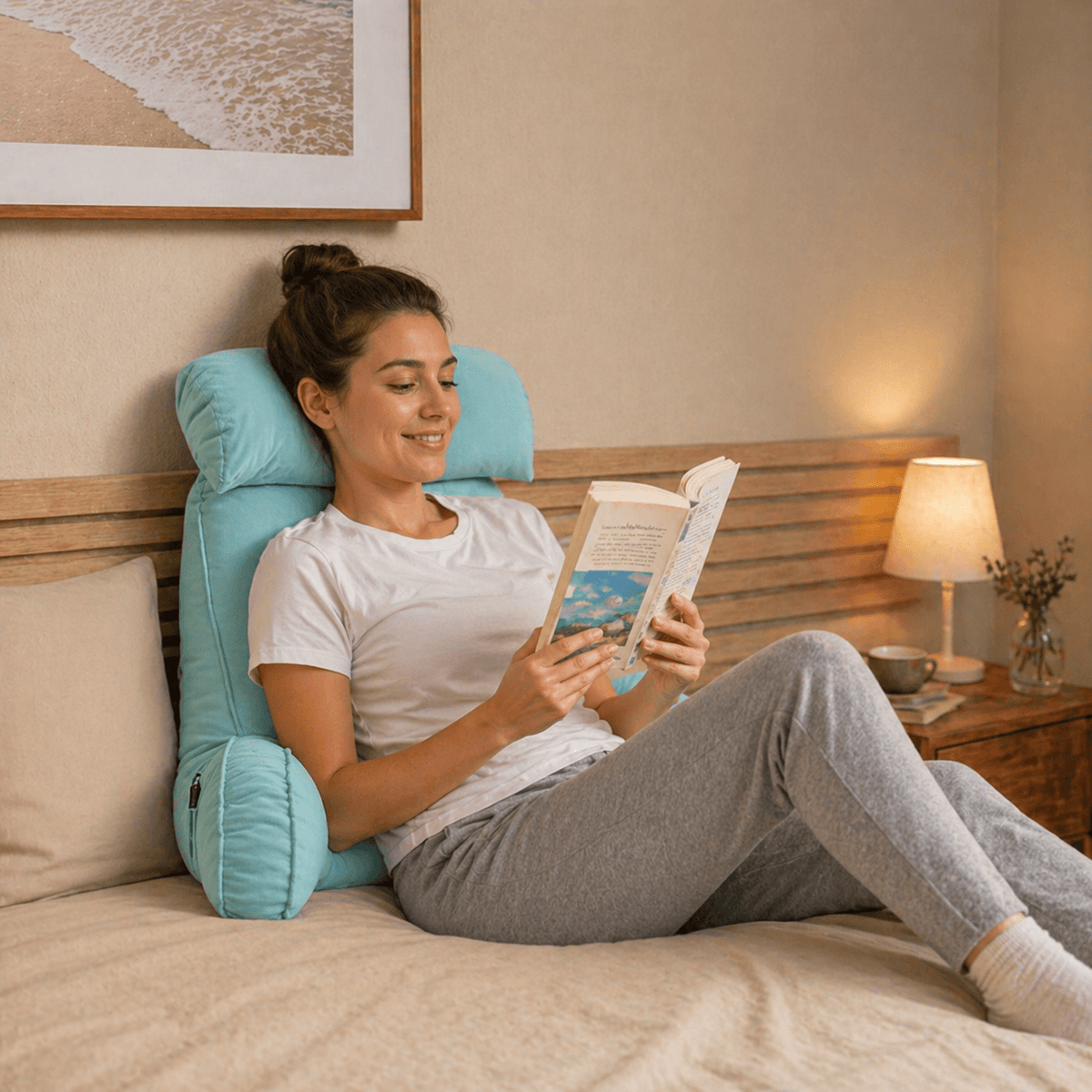 Une femme utilise le  Coussin de Lecture Ergonomique Bleu clair