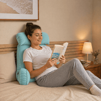 Une femme utilise le  Coussin de Lecture Ergonomique Bleu clair