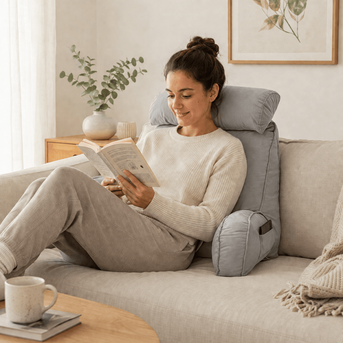 Une femme utilise le Coussin de Lecture Ergonomique Gris clair sur un canapé