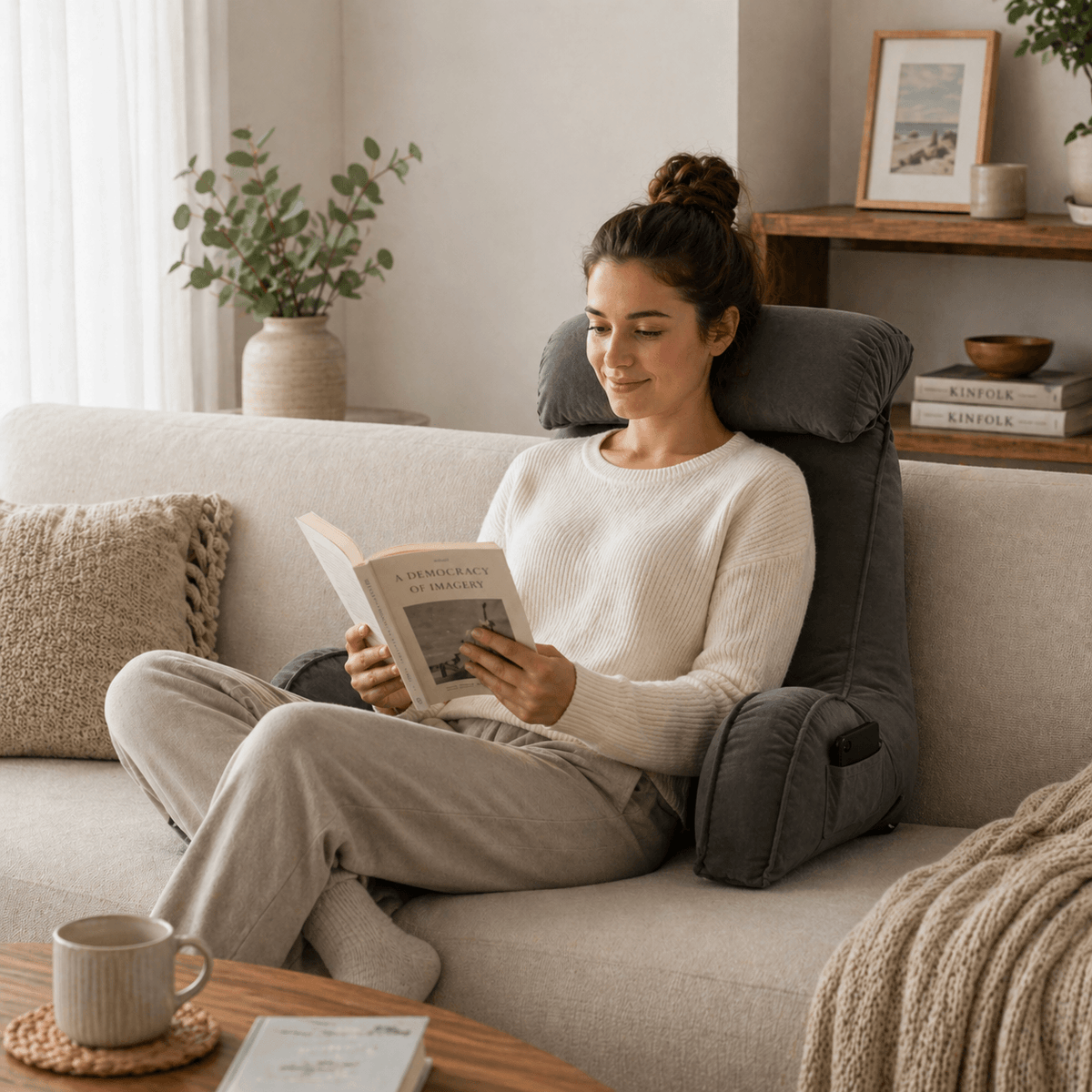 Une femme utilise le Coussin de Lecture Ergonomique Gris foncé