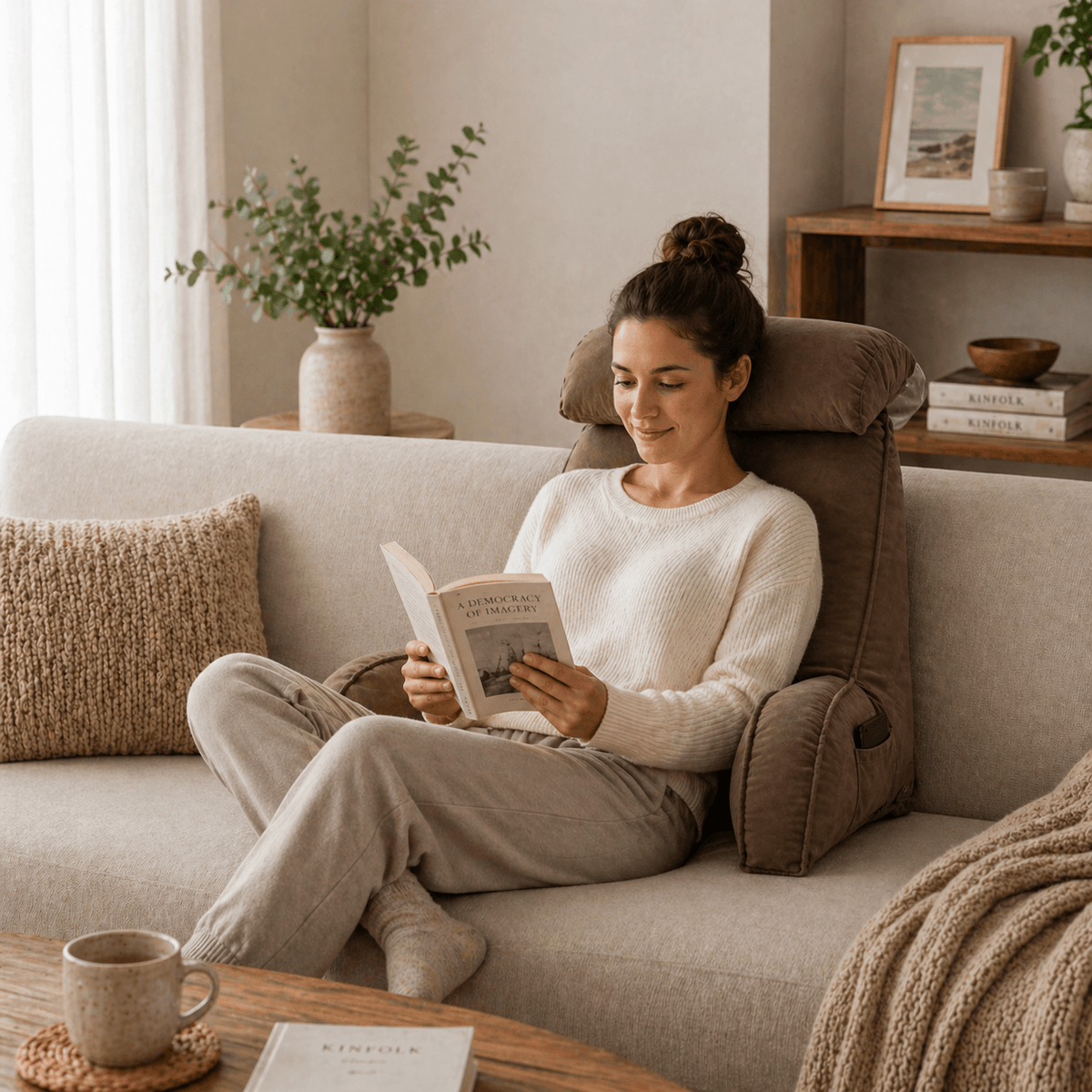 Une femme utilise le Coussin de Lecture Ergonomique Marron