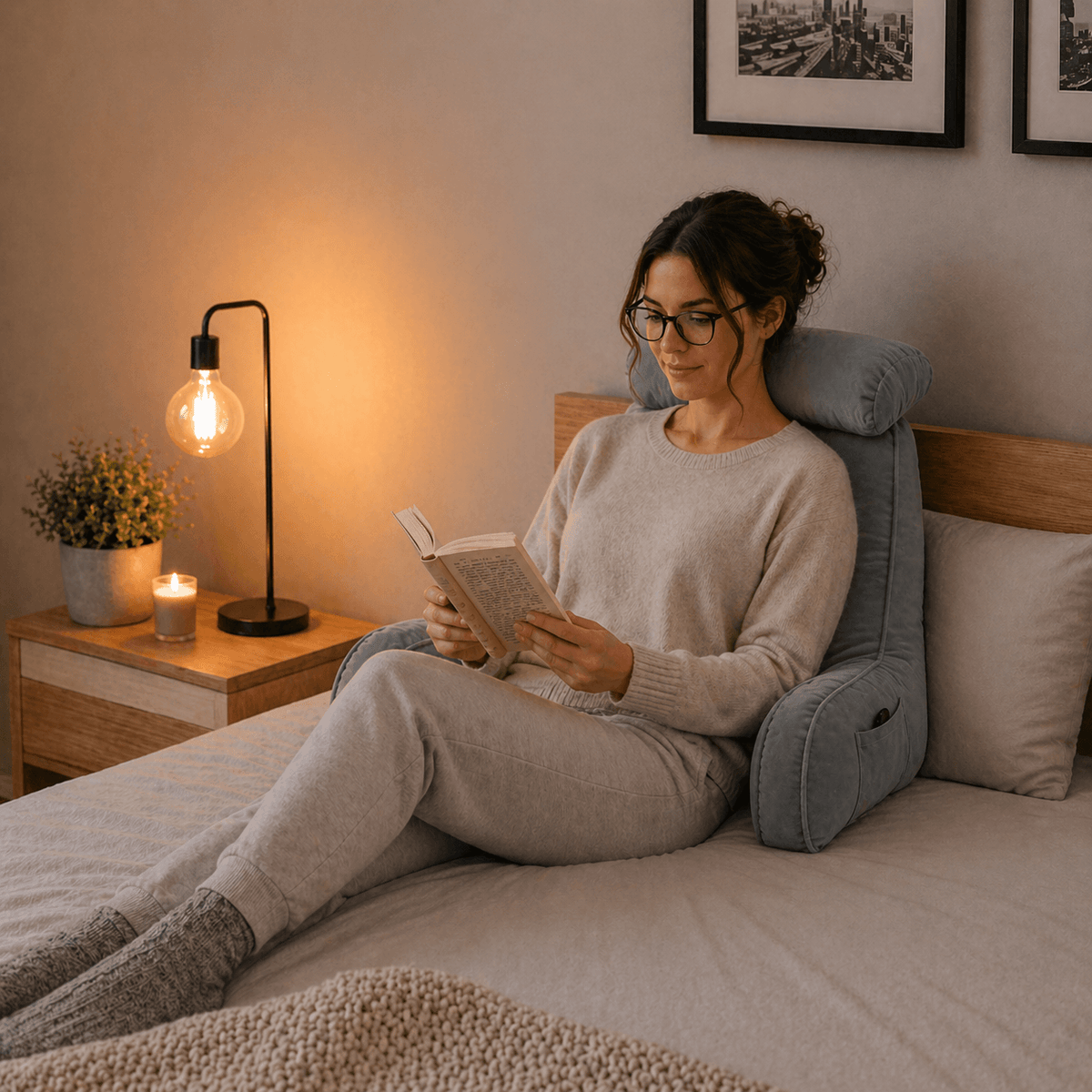Une femme utilise le Coussin de Lecture Ergonomique Nuage