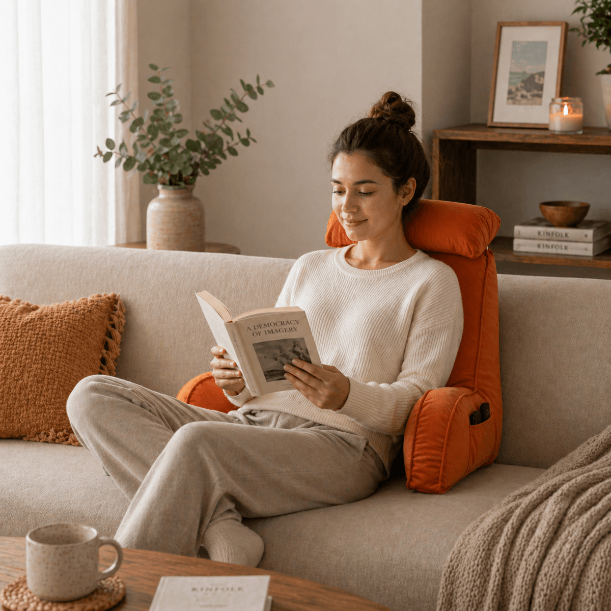 Une femme utilise le Coussin de Lecture Ergonomique Orange