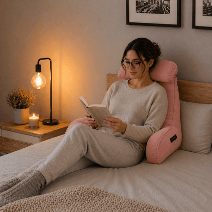 Une femme utilise le Coussin de Lecture Ergonomique Rose 