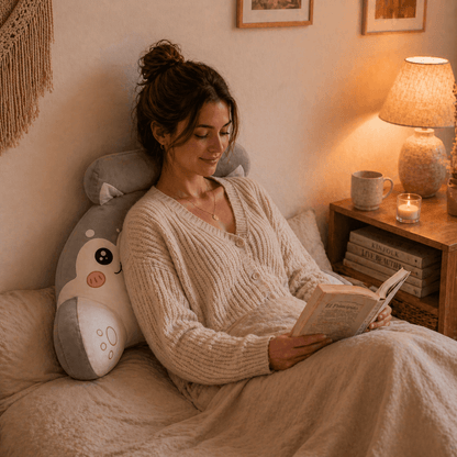 Une femme utilise le Coussin de Lecture Loup