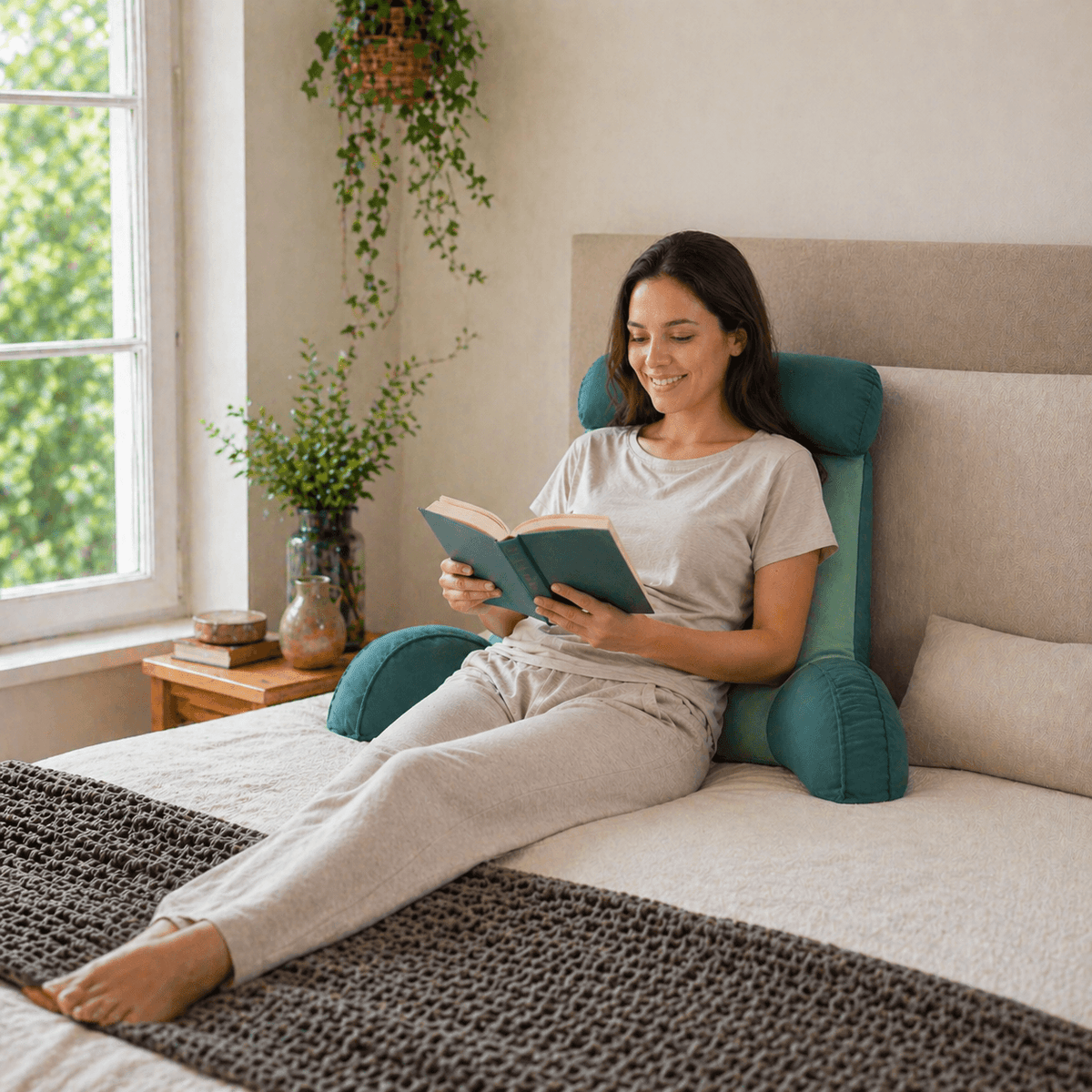 Une femme utilise le Coussin de Lecture pour Lit Bleu Canard