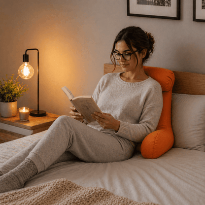 Une femme utilise le Coussin de Lecture pour Lit Orange 