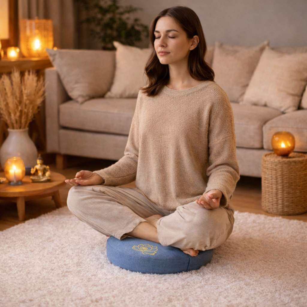Une femme assise sur le Coussin de Méditation Bouddhiste bleu