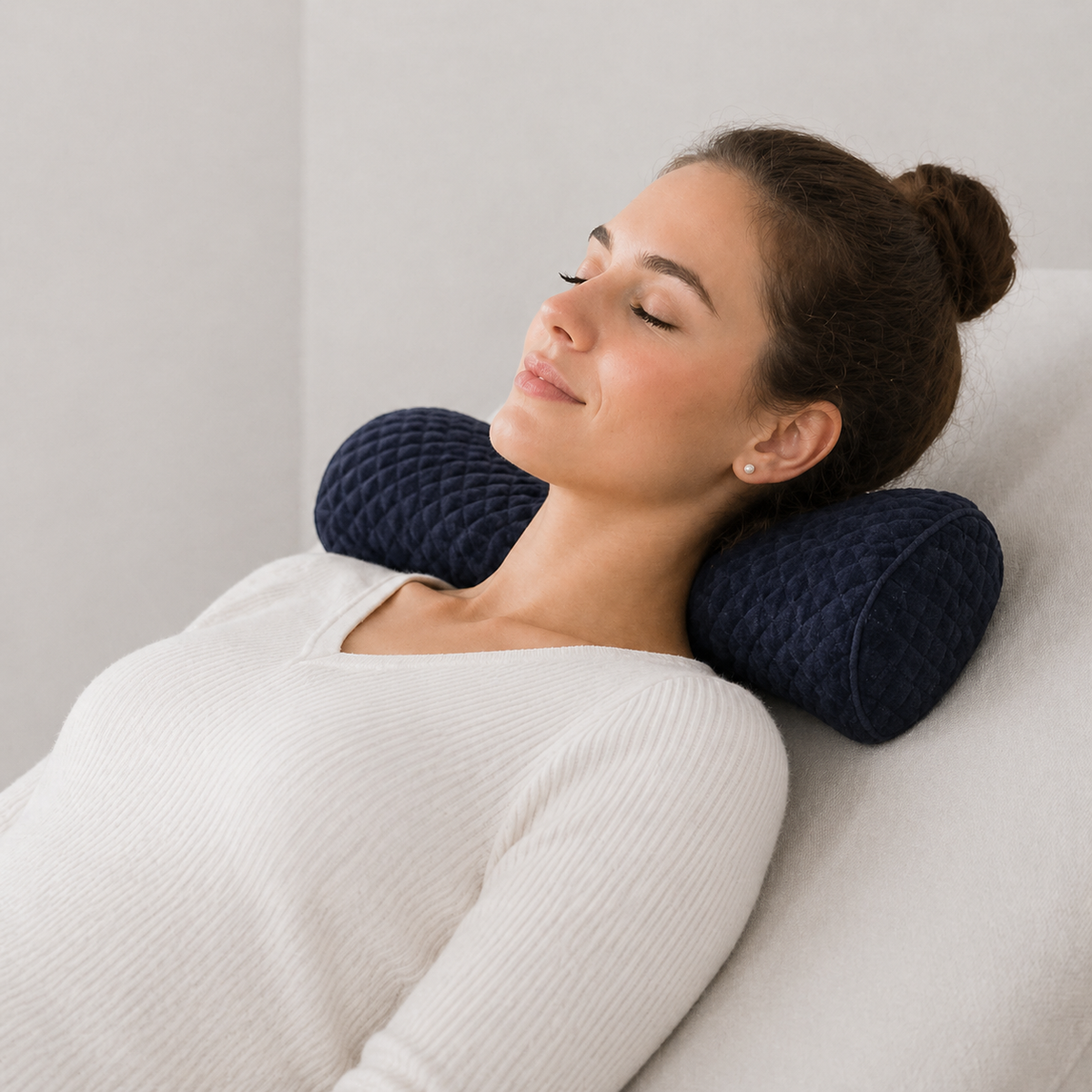 Une femme porte le Coussin de Positionnement pour Cervical bleu 