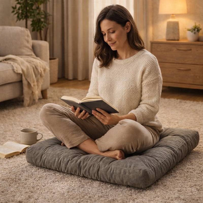 Une femme assis sur le Coussin de Sol Grand gris