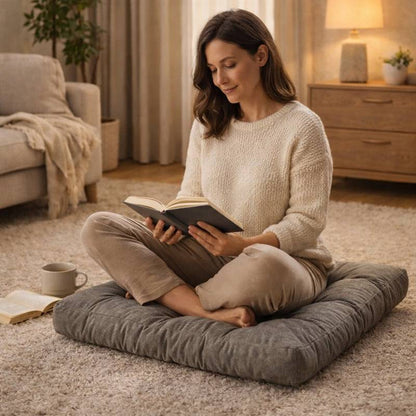 Une femme assis sur le Coussin de Sol Grand gris