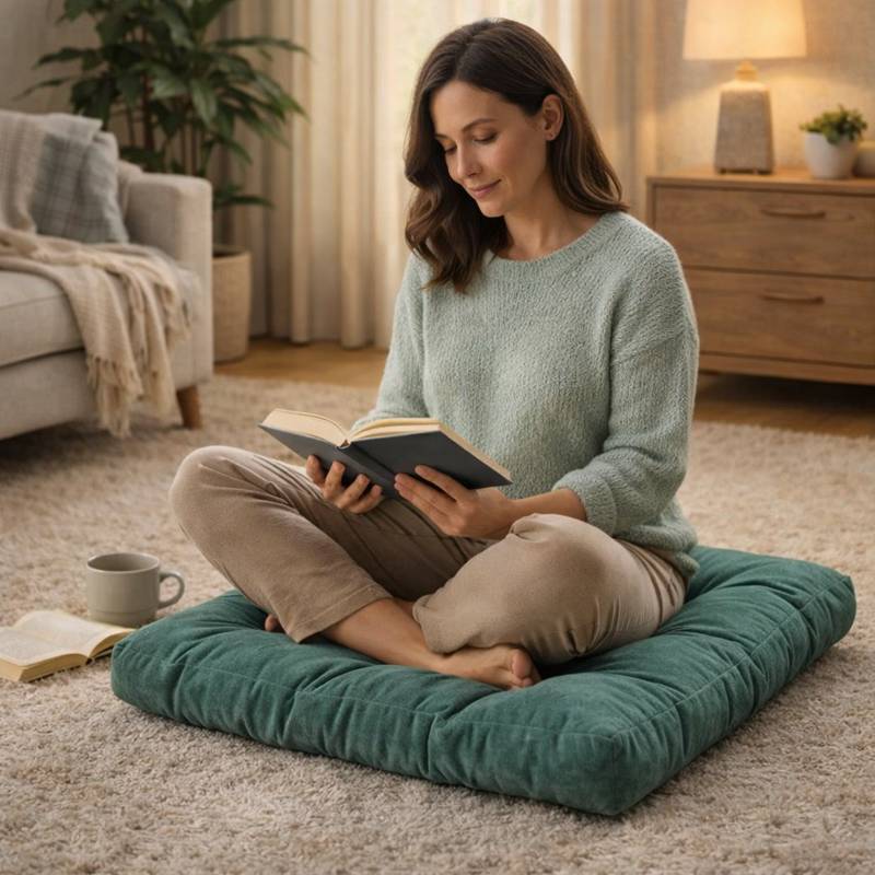 Une femme assise sur le Coussin de Sol Grand noir