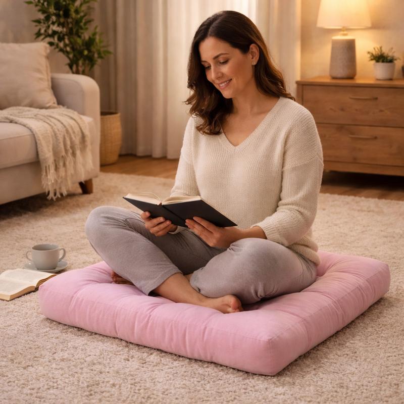 Une femme assise sur le Coussin de Sol Grand rose