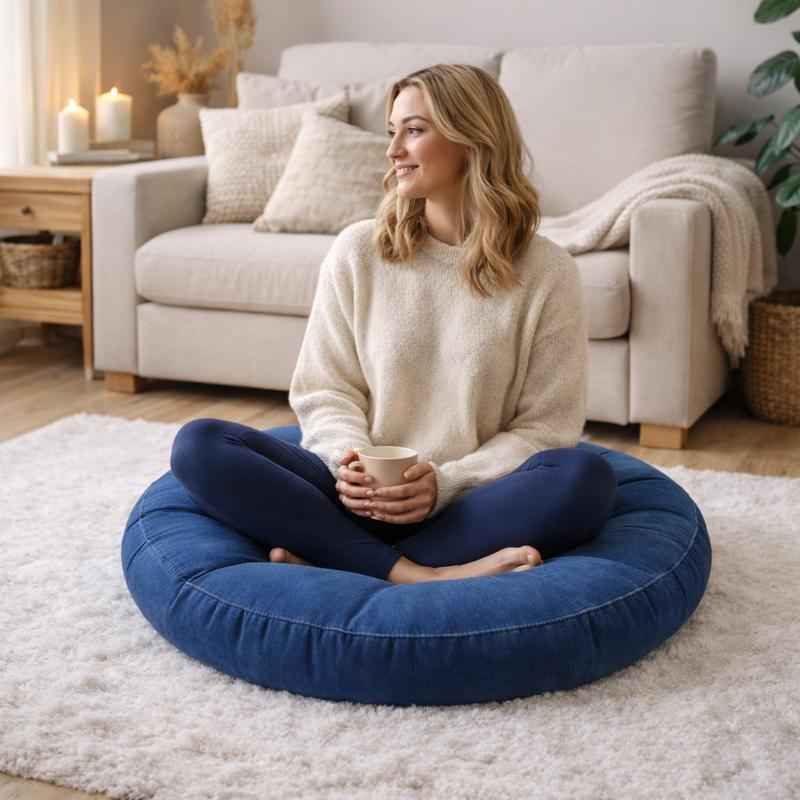 Une femme assise sur le Coussin de Sol Rond bleu