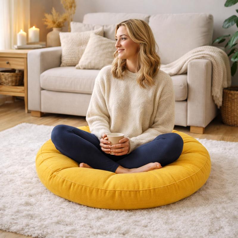 Une femme assise sur le Coussin de Sol Rond jaune