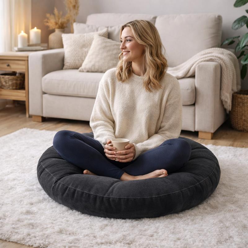 Une femme assise sur le Coussin de Sol Rond noir