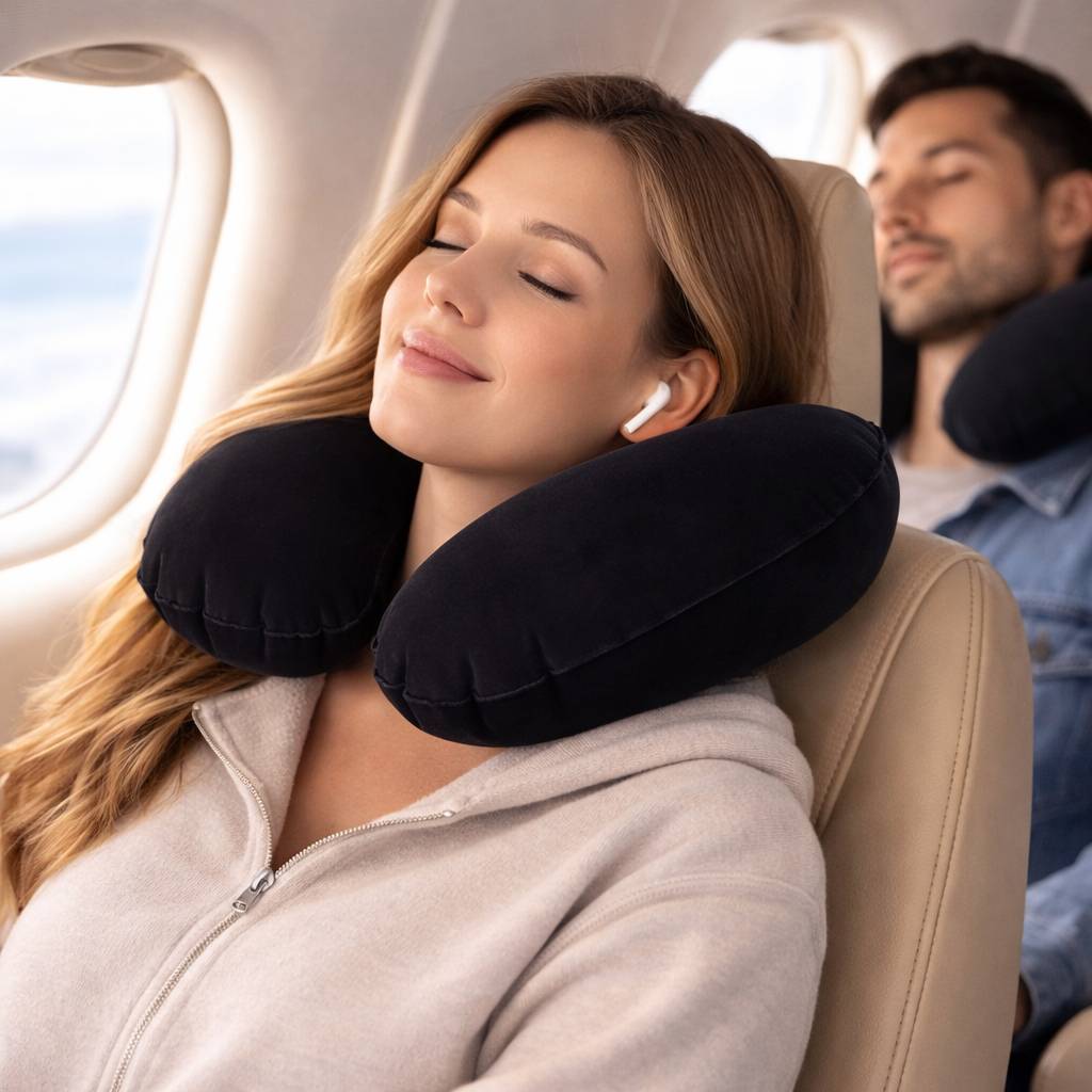 Une femme porte le Coussin de Voyage Gonflable noir​ 