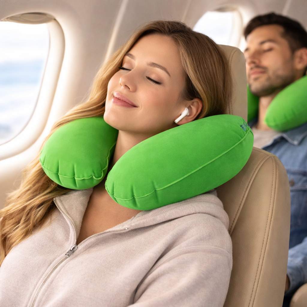 Une femme porte le Coussin de Voyage Gonflable vert