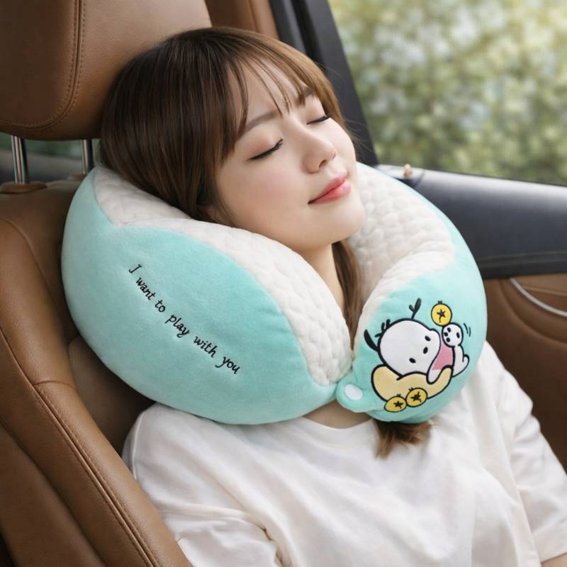 Une femme porte le Coussin de Voyage​ Mignon vert