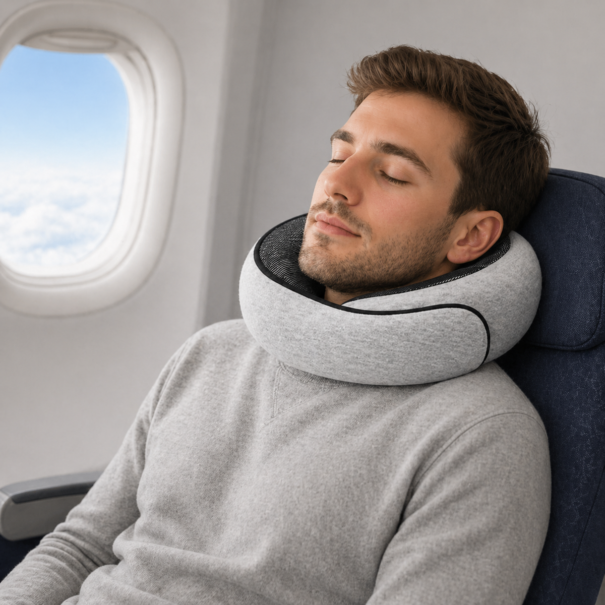 Un homme porte le Coussin de Voyage Nuque Gris