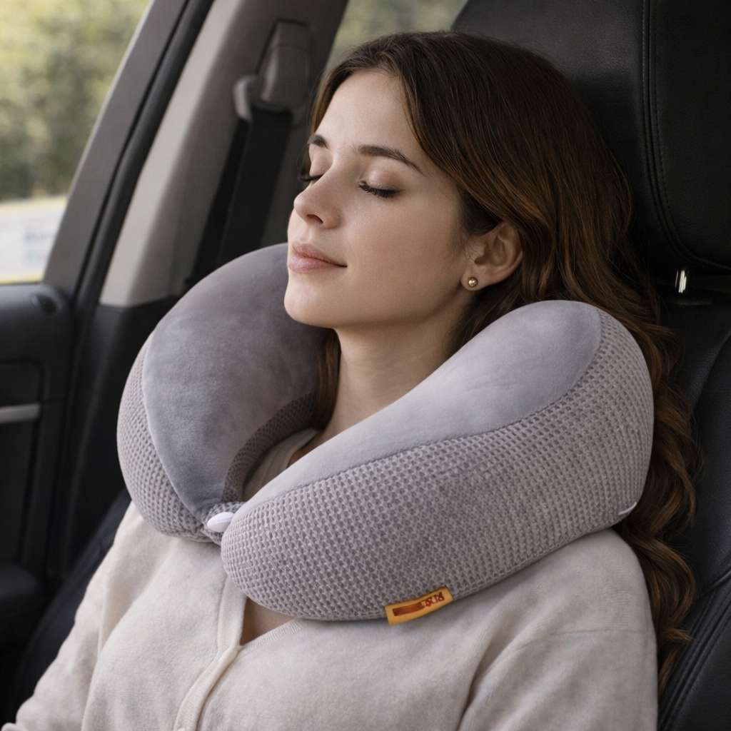 Une femme porte le Coussin de Voyage Voiture​ gris
