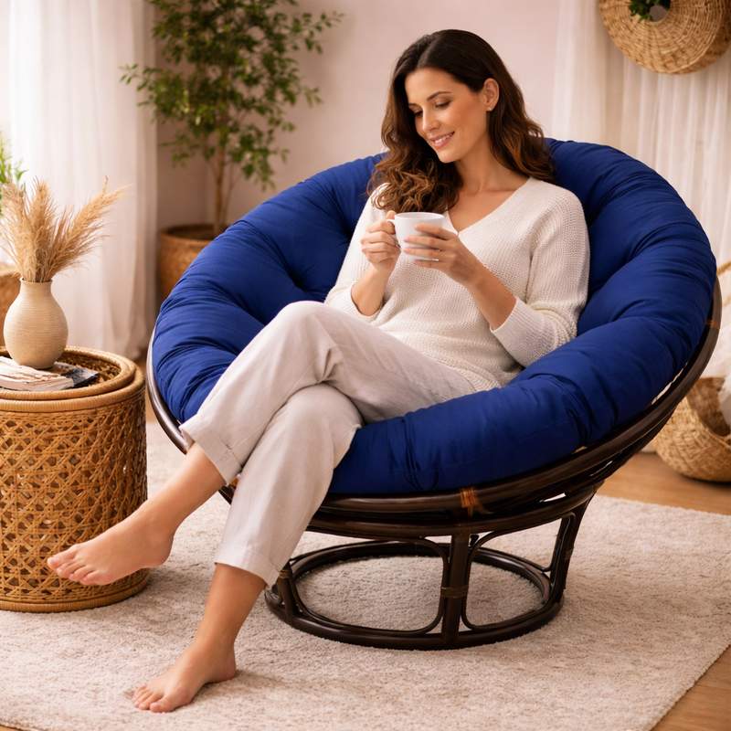 Une femme assie sur le Coussin pour Fauteuil en Rotin rond marine
