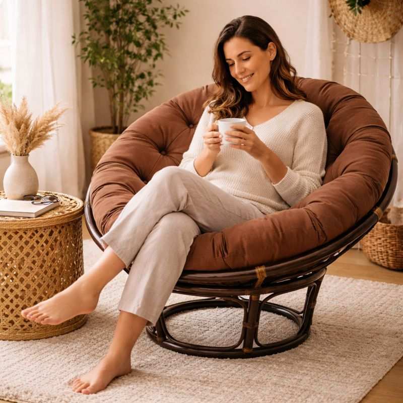 Une femme assise sur Coussin pour Fauteuil en Rotin rond marron