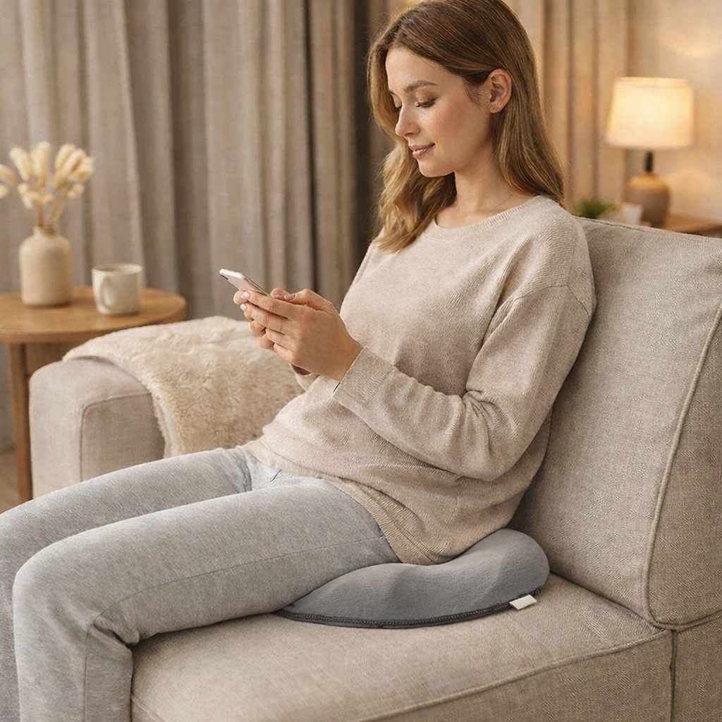 Une femme utilise le Coussin pour hémorroïdes femme gris