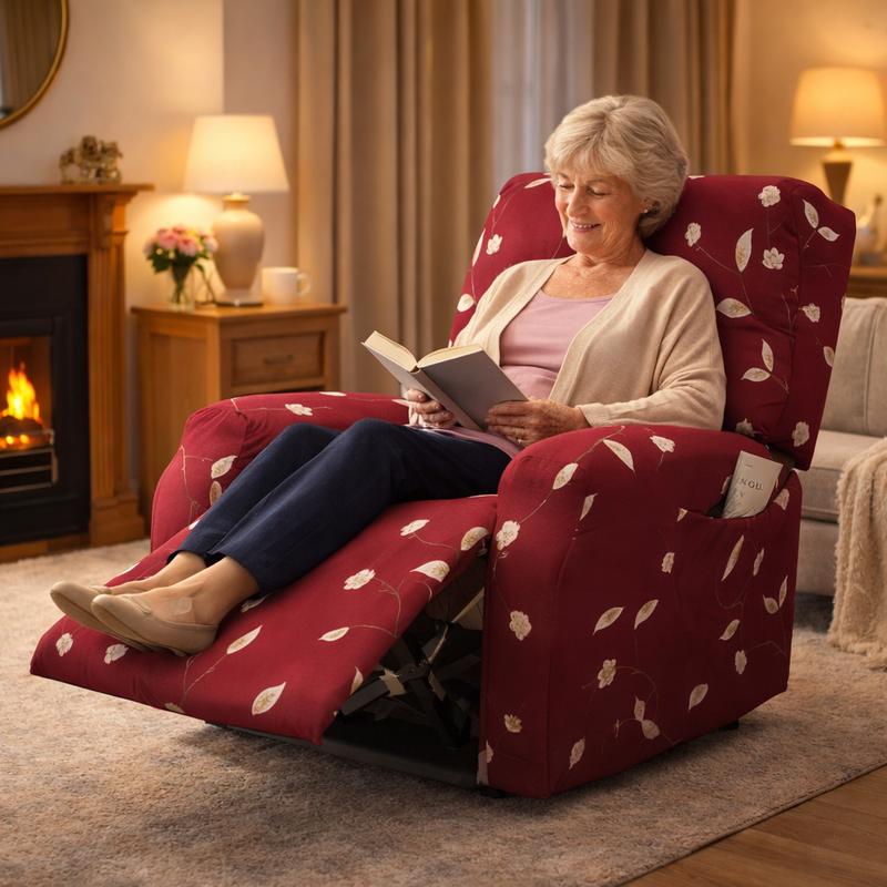 Une femme s'assoie sur la Housse Fauteuil Relax Fleuri rouge