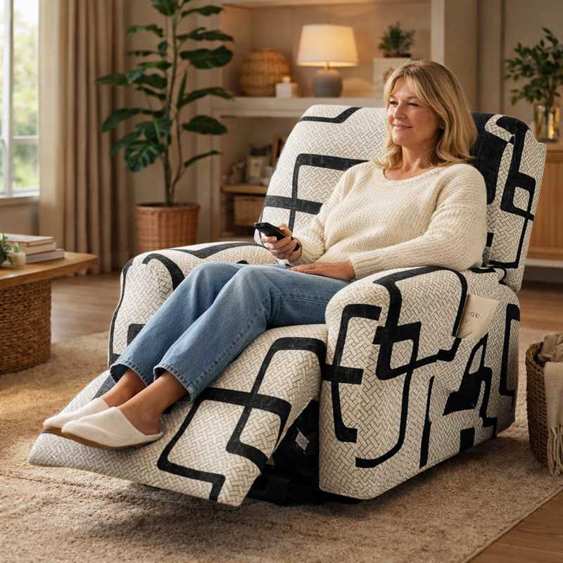 Une femme s'assoie sur la Housse Fauteuil Relax Géométrique