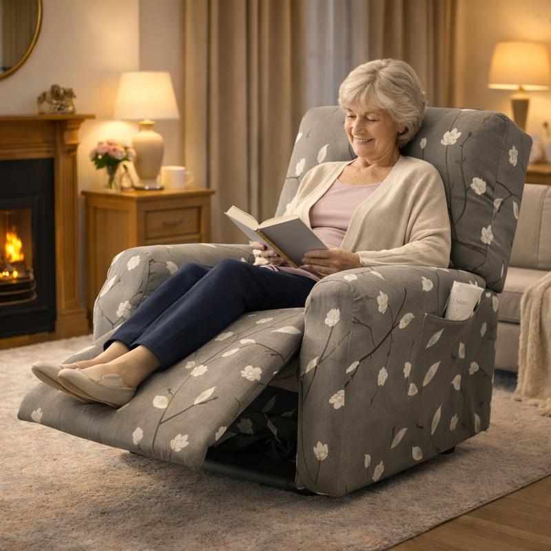 Une femme s'assoie sur la Housse Fauteuil Relaxant Fleuri grise