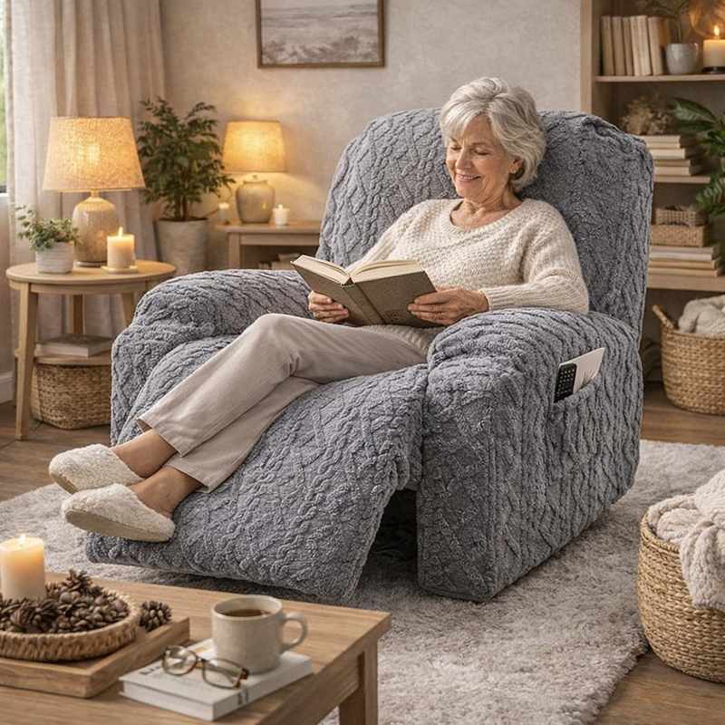 Une femme porte la Housse Fauteuil Relax Tricot grise