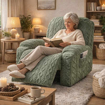 Une femme porte la Housse Fauteuil Relax Tricot verte