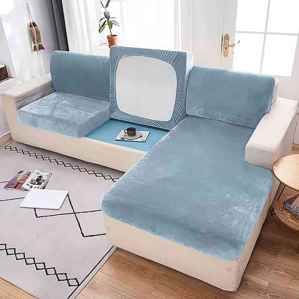 Housse Canapé d'Angle bleue ciel dans un vrai salon